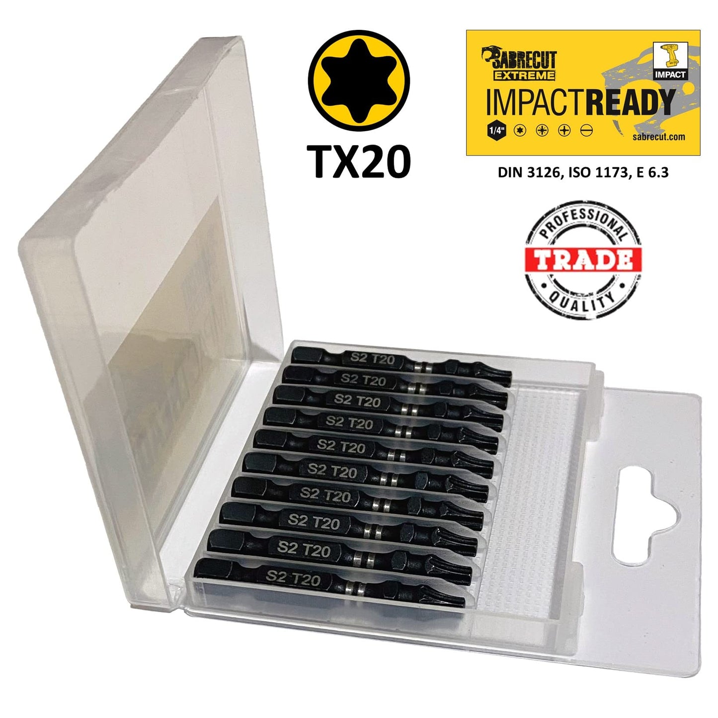 10 x SabreCut SCTX2050_10 50mm T20 TX20 Impact Screwdriver Driver Bits Set Single Ended Torx Heavy Duty Including Storage Box