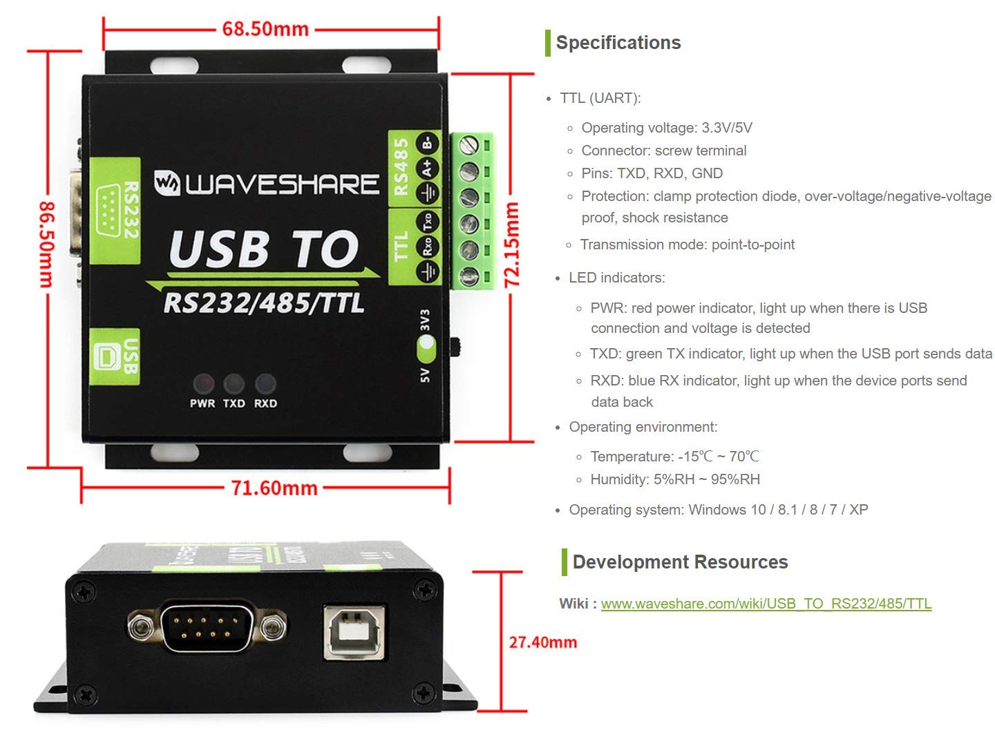 Waveshare USB TO RS232 / RS485 / TTL (UART) Industrial Isolated Converter with Original FT232RL Inside Aluminium Alloy Enclosure Power/ADI Magnetical Isolation,TVS Diode