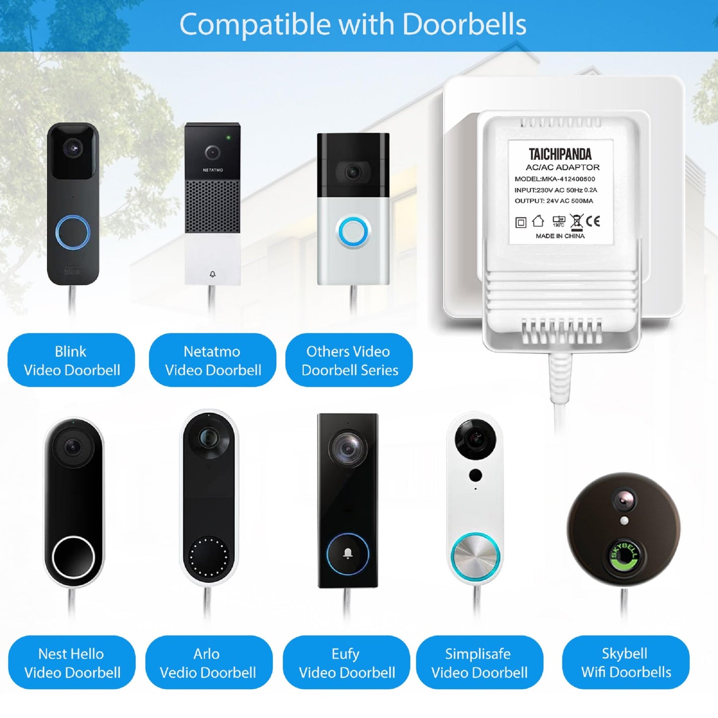 24V 500MA Transformer, AC Power Supply Compatible with All Versions of Ring Doorbell and Nest Learning Thermostat Ecobee, Honeywell, C Wire Adapter with 8M (315") Long Cable