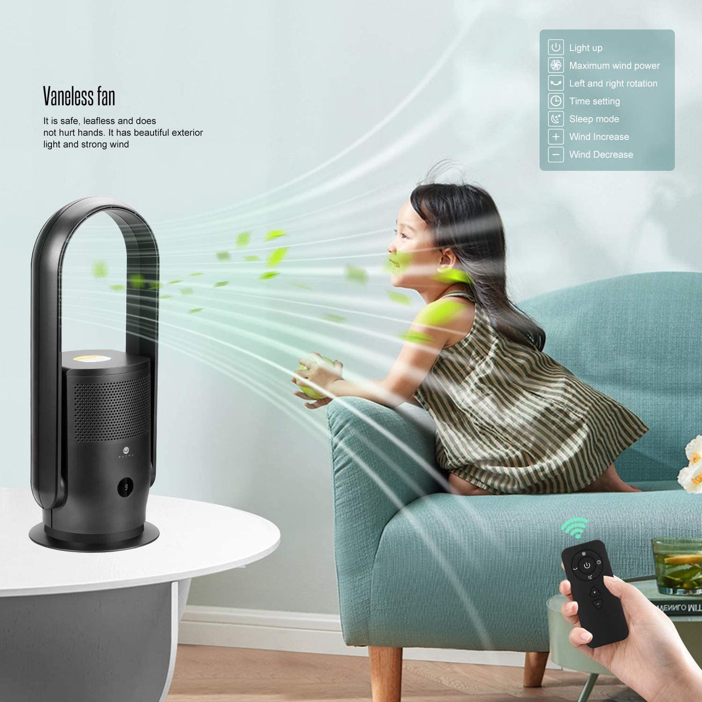 Ultty Bladeless Tower Fan with Air Purifier, Bladeless Fan Portable Air Purifier Fan with Remote, Touch, Timer, HEPA Filter, 90° Oscillating Tower Fan 9 Speeds, 3 Modes CR021, Black Medium