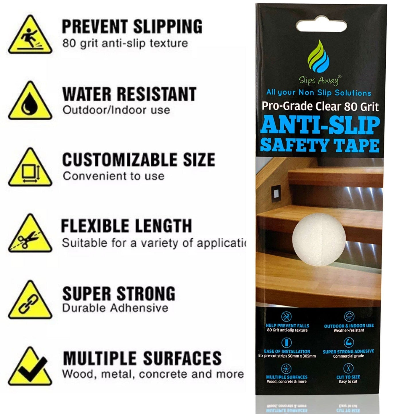 Anti Slip Tape Safety Treads Clear 8x Pack - Perfect for Steps Stairs Ladders Ramps Indoor Outdoor - UK Brand - SLIPS AWAY®