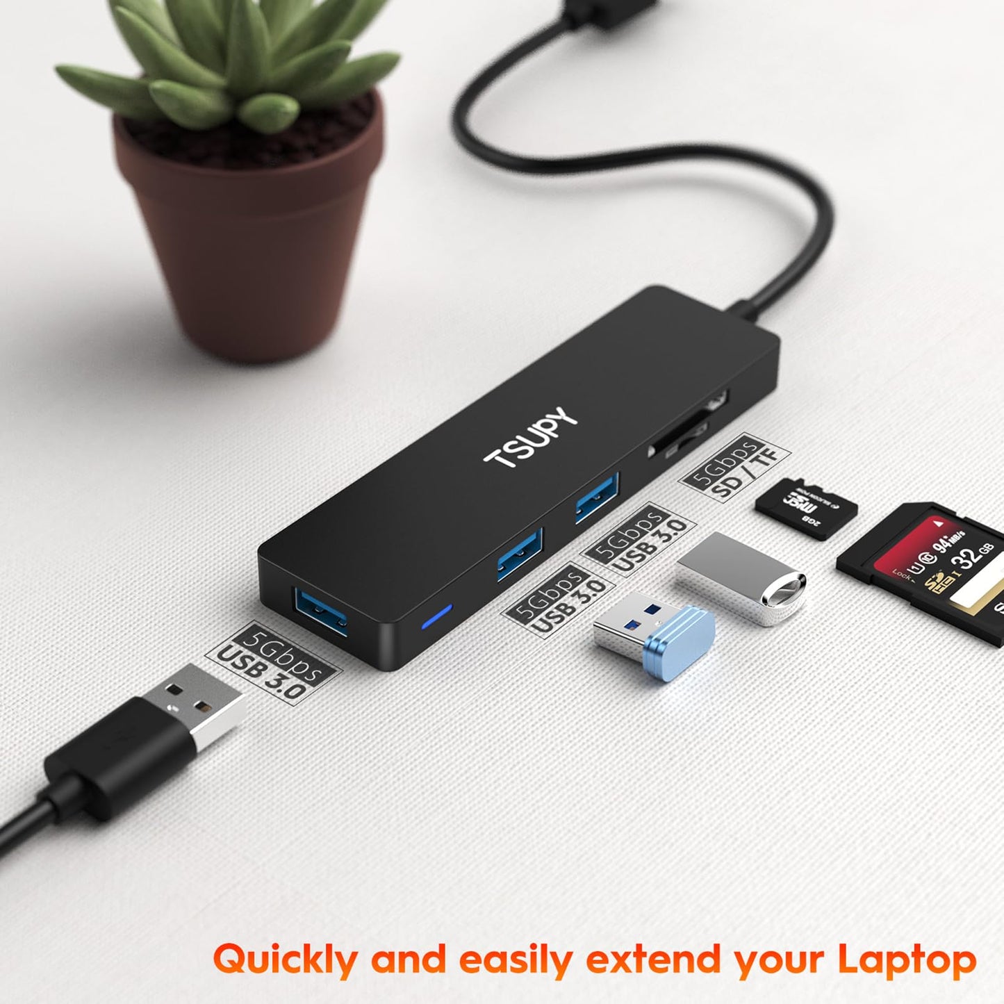 USB Hub Card Reader, TSUPY USB 3.0 Hub, 5 in 1 USB Extension Adapter with 3*USB 3.0+1*SD+1*Micro SD, USB Extender USB 3 Hub Multi USB Port for Laptop, Computer, PS4/5, USB Stick, Keyboard, Mouse etc. 20cm