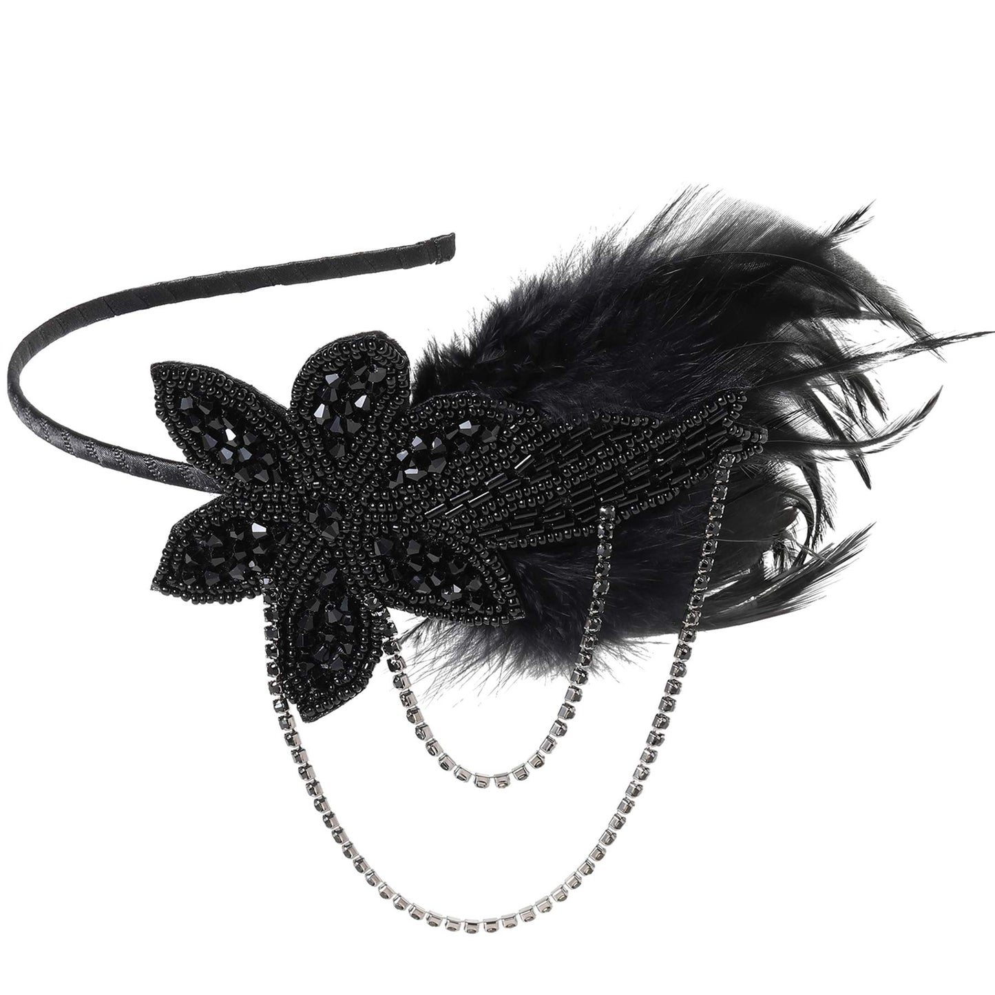 BABEYOND Vintage 1920s Headband 1920s Headpiece Feather Beaded Headband Crystal Flapper Headpiece Great Gatsby Costume Accessories Roaring 20's Accessories (Black) Black