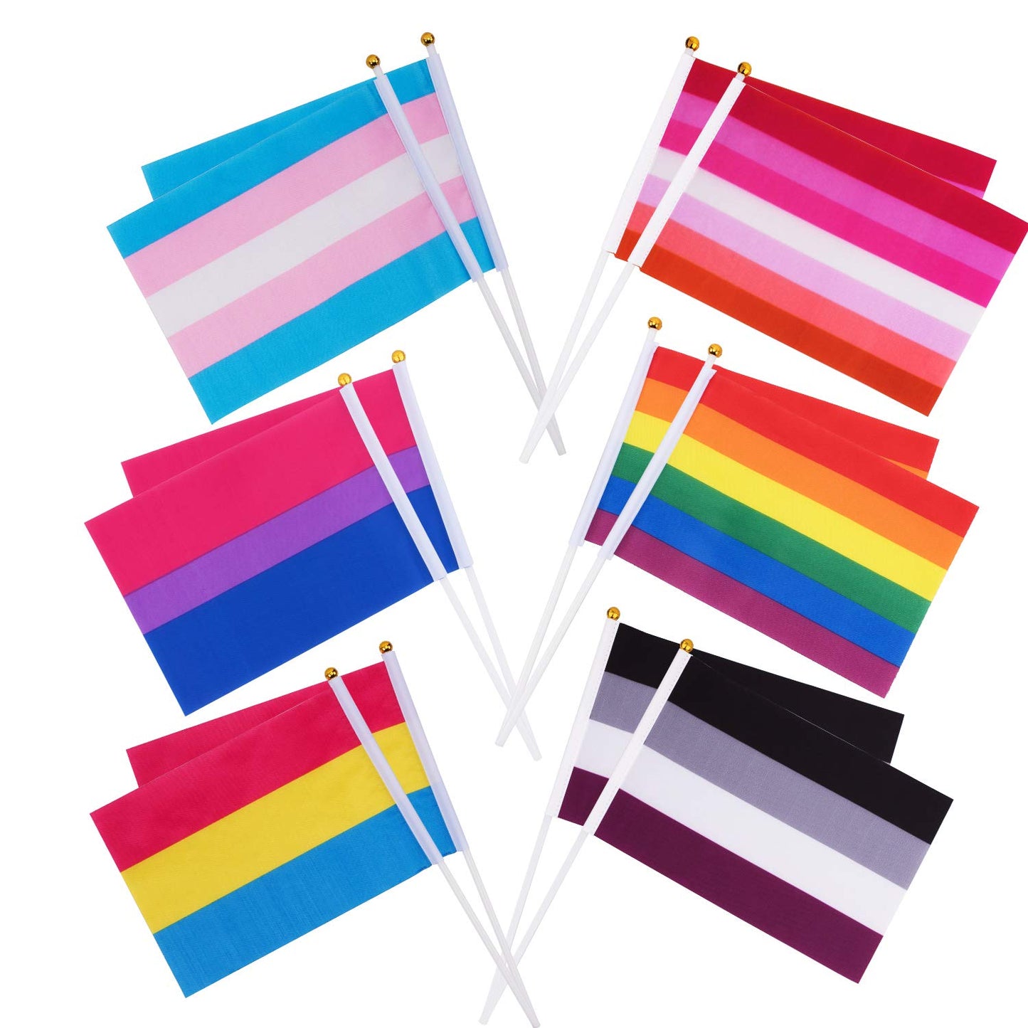 Whaline 60 Pack Rainbow Stick Flags, Gay Pride Small Mini Flags Transgender Asexual Bisexual Pansexual Lesbian Flags LGBT Party Parade Decorations (10 Pieces Each of 6 Patterns)