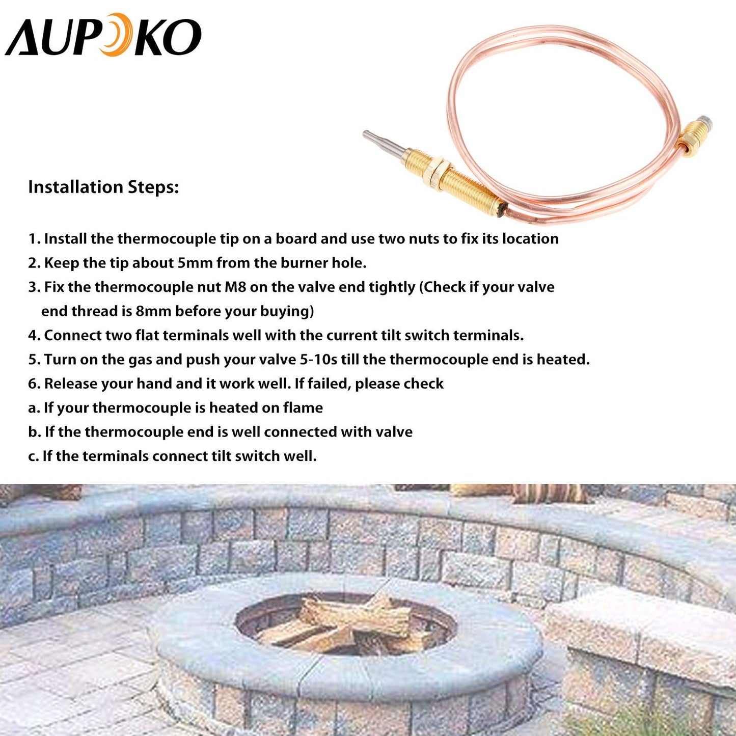 Aupoko 24" Gas Thermocouple Kit, M8x1 Thread Universal Thermocoupler Temperature Sensor Thermocouple Flame Failure Safety Device for BBQ Grill, Firepit, Fireplace, Heater (600mm, M8x1)