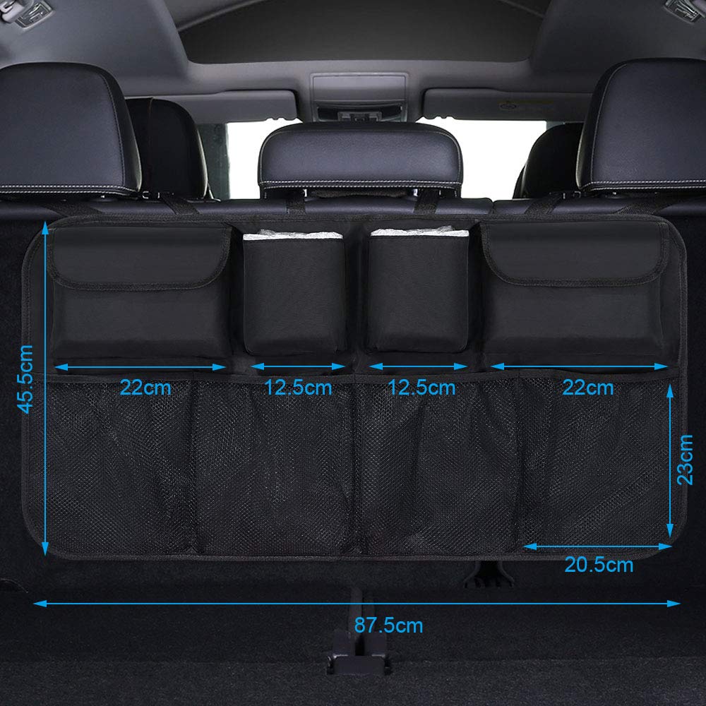 URAQT Car Boot Organiser Waterproof Kick Mats Car Organiser Seat Back Protectors, Multi-Pocket Children's Travel Storage, Durable Foldable Cargo Net Storage for Car Backseat Cover Black 87x45cm