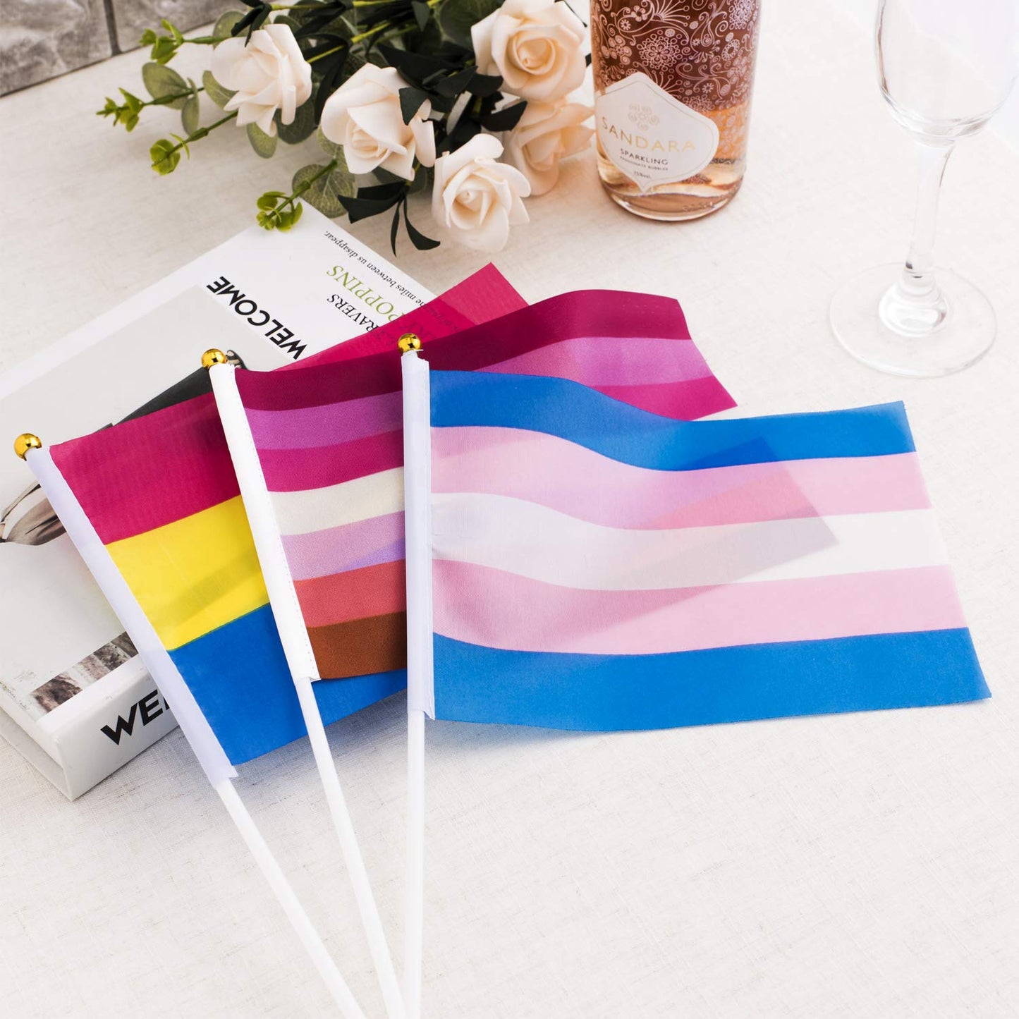 Whaline 60 Pack Rainbow Stick Flags, Gay Pride Small Mini Flags Transgender Asexual Bisexual Pansexual Lesbian Flags LGBT Party Parade Decorations (10 Pieces Each of 6 Patterns)