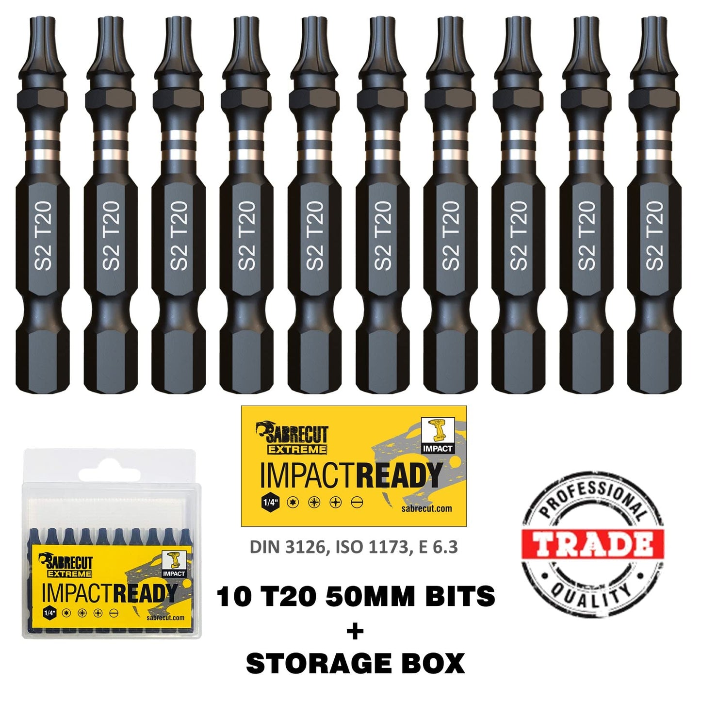 10 x SabreCut SCTX2050_10 50mm T20 TX20 Impact Screwdriver Driver Bits Set Single Ended Torx Heavy Duty Including Storage Box