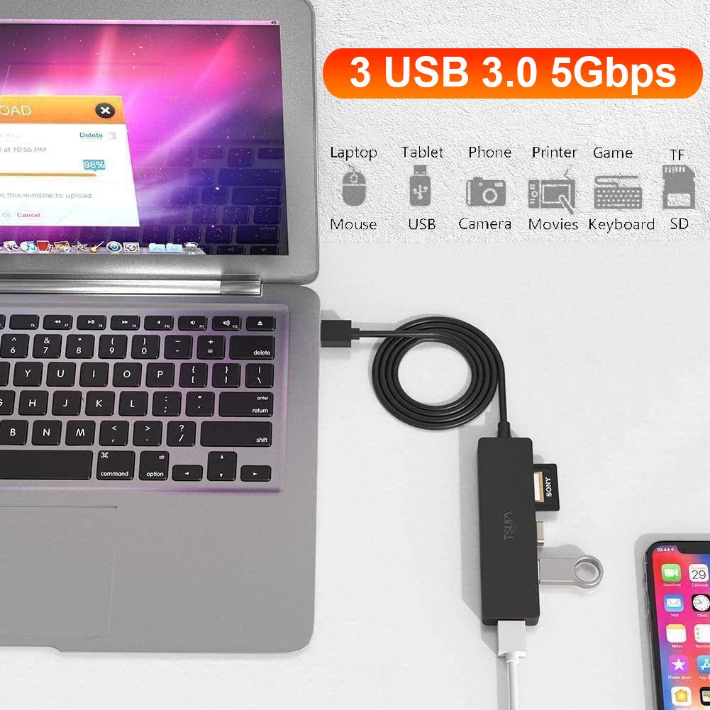 TSUPY USB Hub 3.0, 5 in 1 USB Hub Card Reader with 120cm Extension Cable, 3 x USB 3.0 Ports + SD/TF Card Reader USB Extender Hub for PC, Laptop, Flash Drives, PS4, HDD and More 1.2M câble