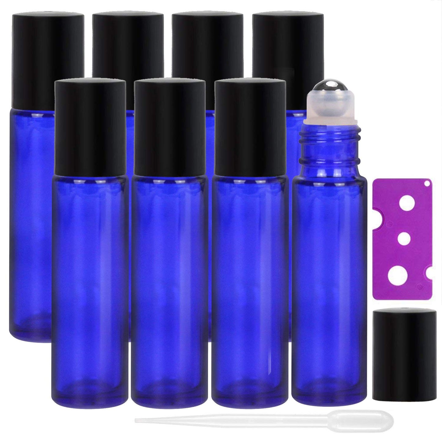 Alledomain 8Pcs 10ml Essential Oils Roller Bottles, Refillable Cobalt Blue Glass Roll on Bottles with Stainless Steel Balls, Include 12 Labels, 1 Dropper & Opener, Perfect for Aromatherapy