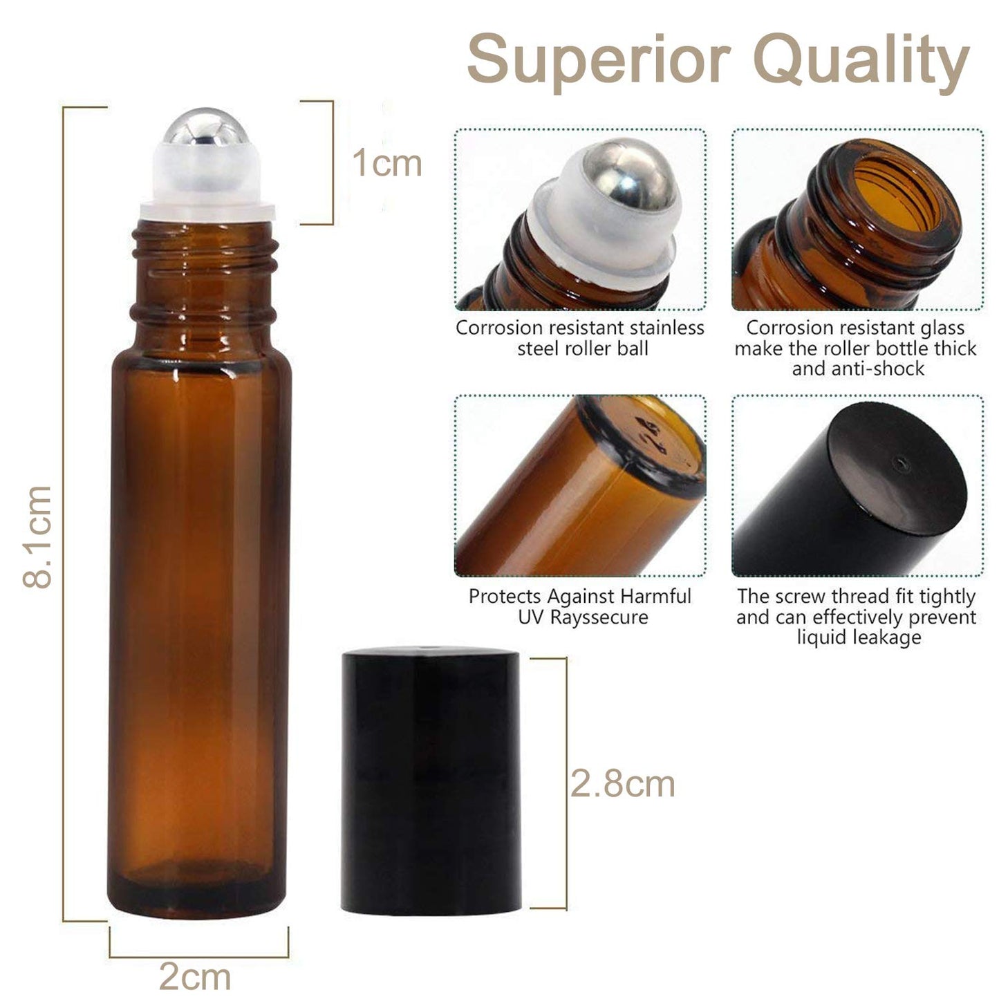 Alledomain 8Pcs 10ml Essential Oils Roller Bottles, Refillable Amber Glass Roll on Bottles with Stainless Steel Balls, Includes 12 Pcs Labels, 1 Dropper & Opener, Perfect for Aromatherapy