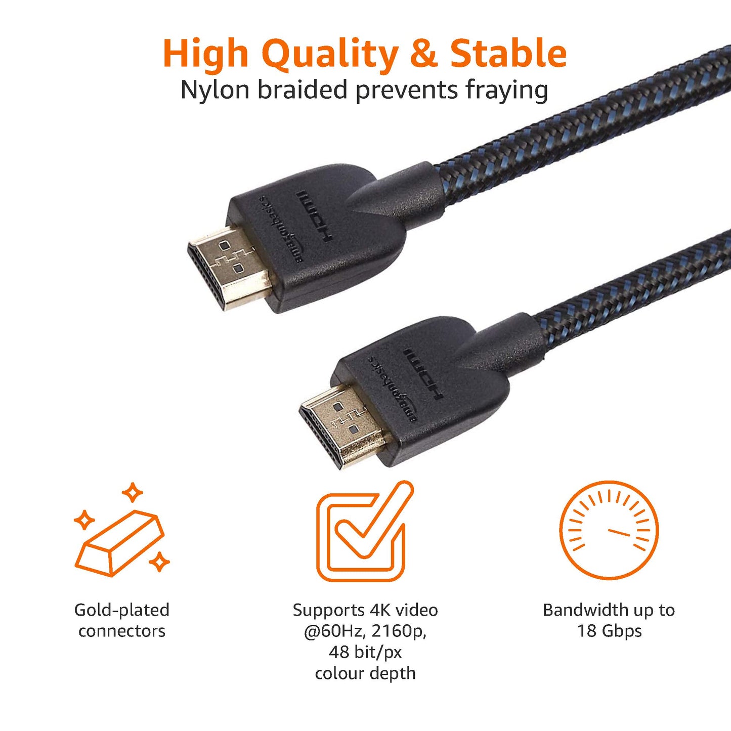 Amazon Basics 5-Pack HDMI Cable, 18Gbps High-Speed, 4K@60Hz, 2160p, Nylon-Braided Cord, Ethernet Ready, 1.8 m, Nylon