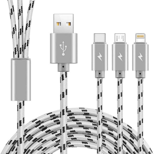 ASICEN Multi Charger Cable [3M], Long 3 in 1 Charging Cable, 3A Phone Charger Cable, Multiple USB Cable with IP/Type C/Micro USB for iPhone 16/15/14/13/Galaxy S23/S22/S21/Pixel/LG/Tablets/PS Gray