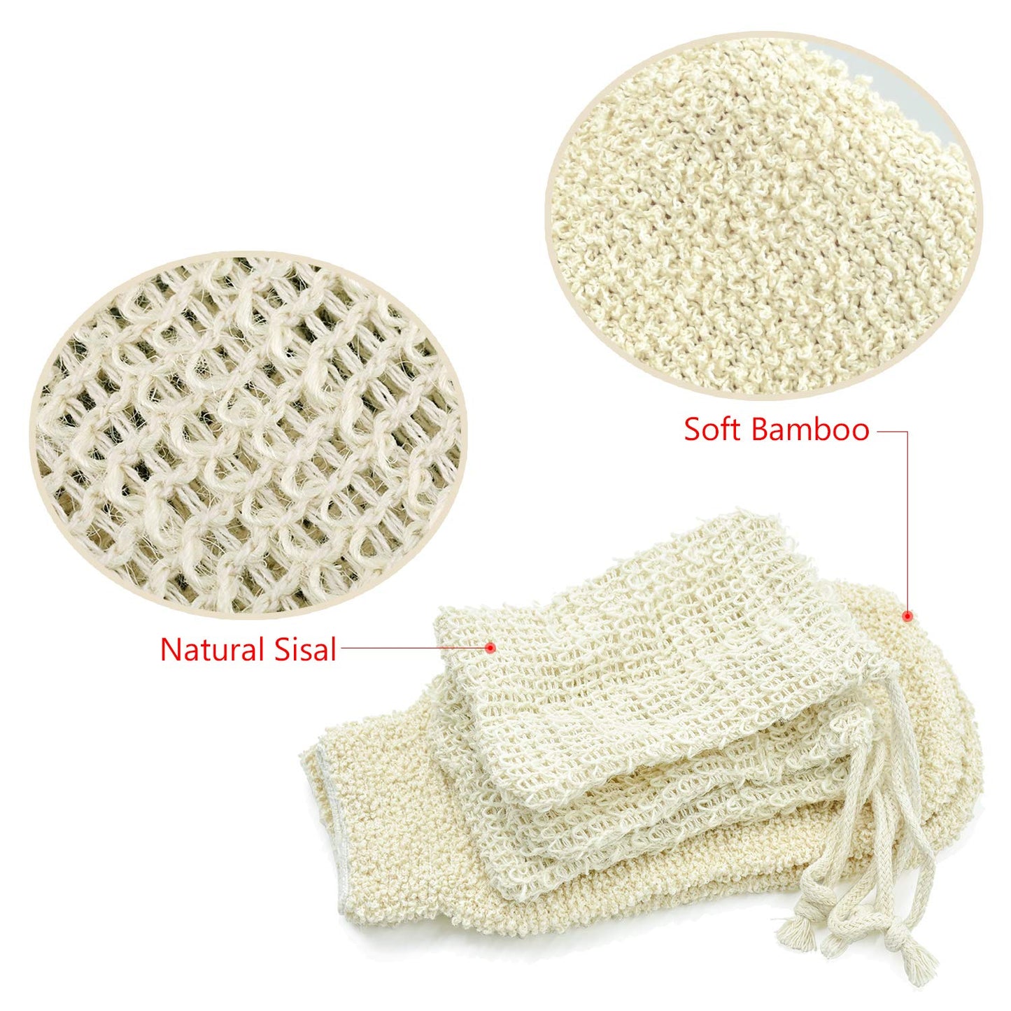 2 Packs Bamboo Fiber Exfoliating Gloves and 3 Pack Natural Sisal Soap Bags - for Foaming & Save Soaps and Shower Massage Mitts for Scrub and Remove Exfoliate