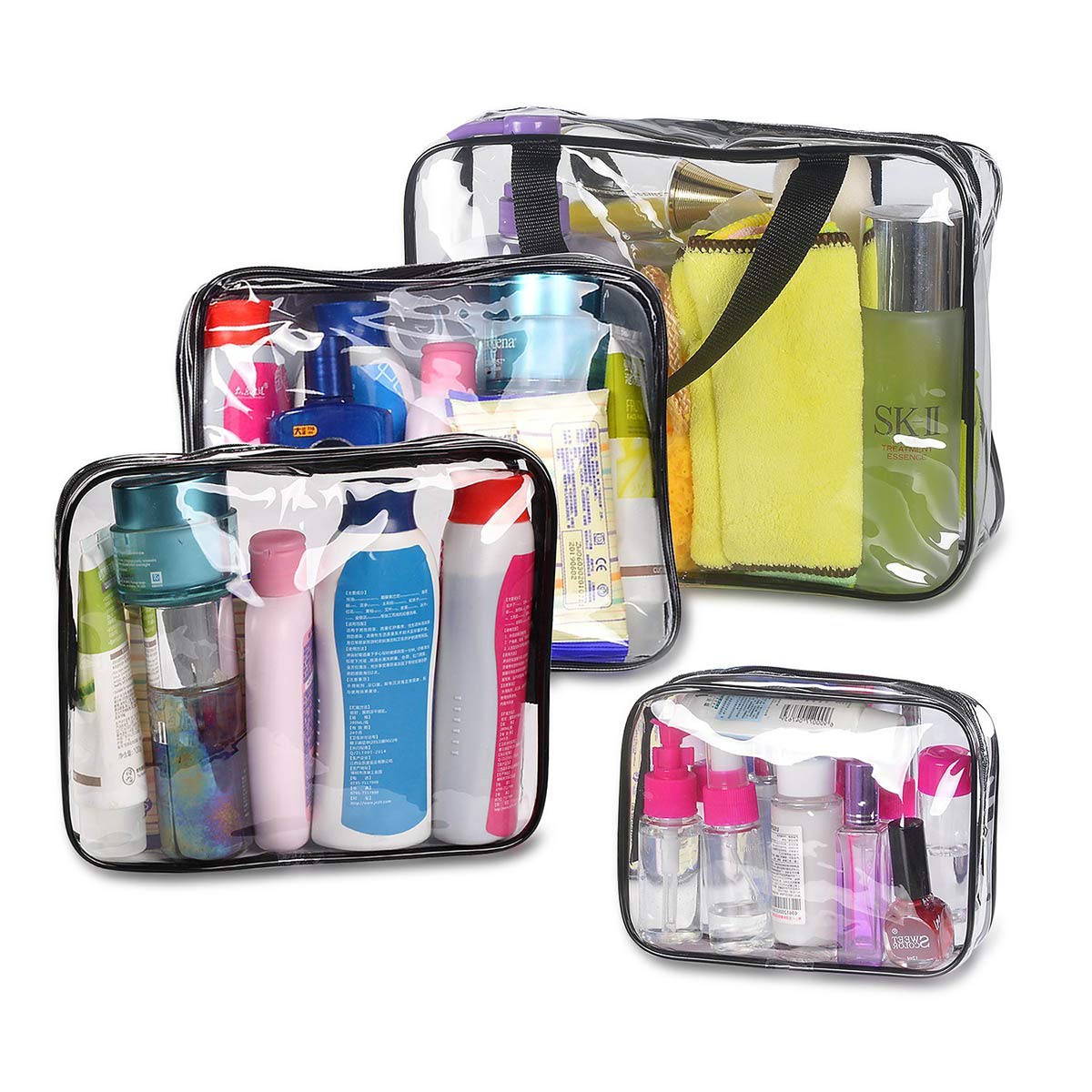 4 PCS Clear Travel Toiletry Bag, PVC Zippered Cosmetic Carry Pouch, Transparent Waterproof Makeup Bag Toiletries Organizer Case, Multi-Sizes for Men Women and Kids (Small, Medium, Large, X-Large)