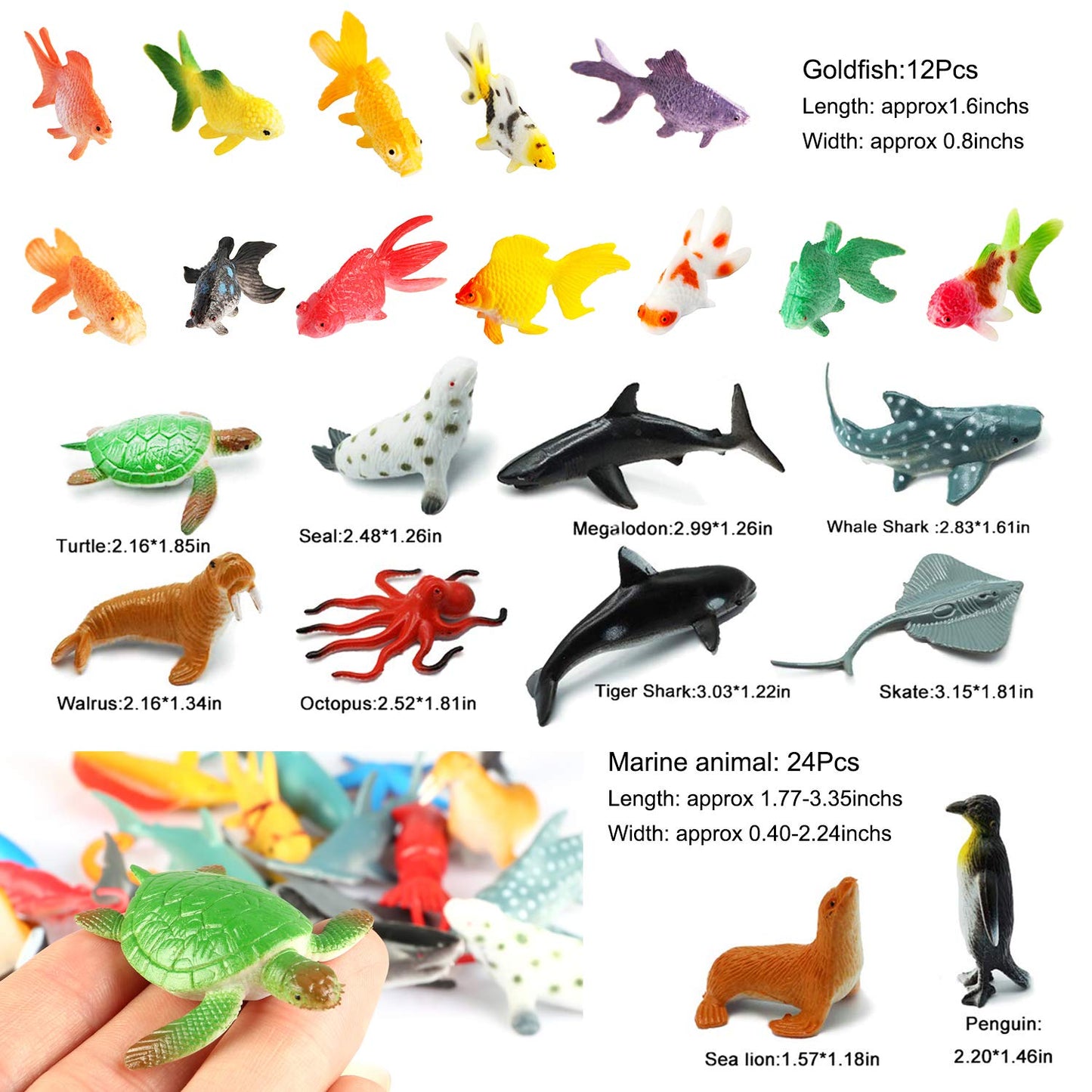 [36 Pack] Ocean Sea Animals Bath Toys for Party Favor Supplies - 2-4 inch Rubber Ocean Creatures Figures with Marine Octopus Shark Fish Sea Life for Child Education, Party Bag Filler, Birthday Gift