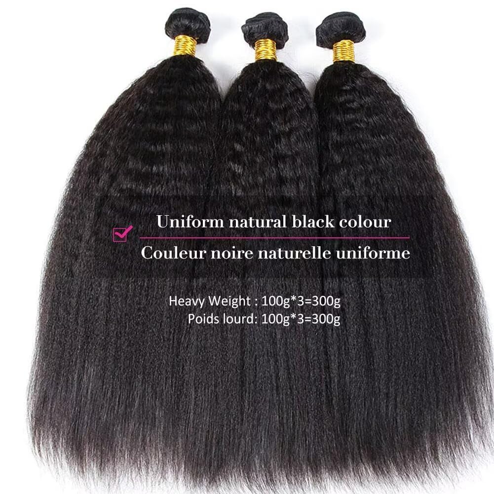 UNILO human hair bundles 12A, yaki straight bundles human hair Brazilian kinky straight hair bundles 8 10 12 Inch Total 300G Double Weft Sewing no shedding hair.