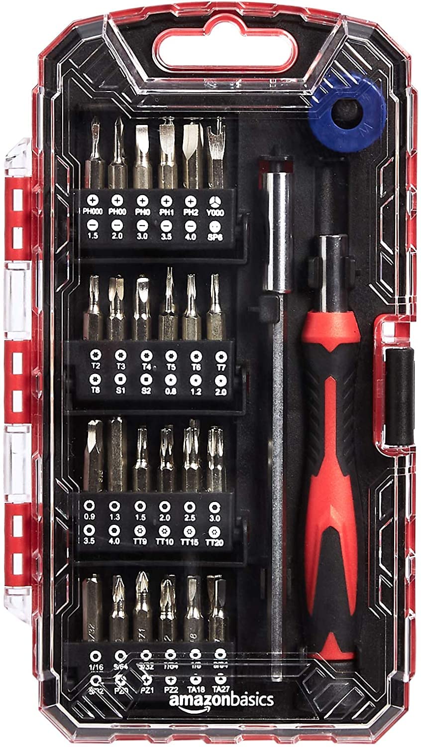 Amazon Basics 51-Piece Precision Screwdriver Bit Set, Black, Red, Silver