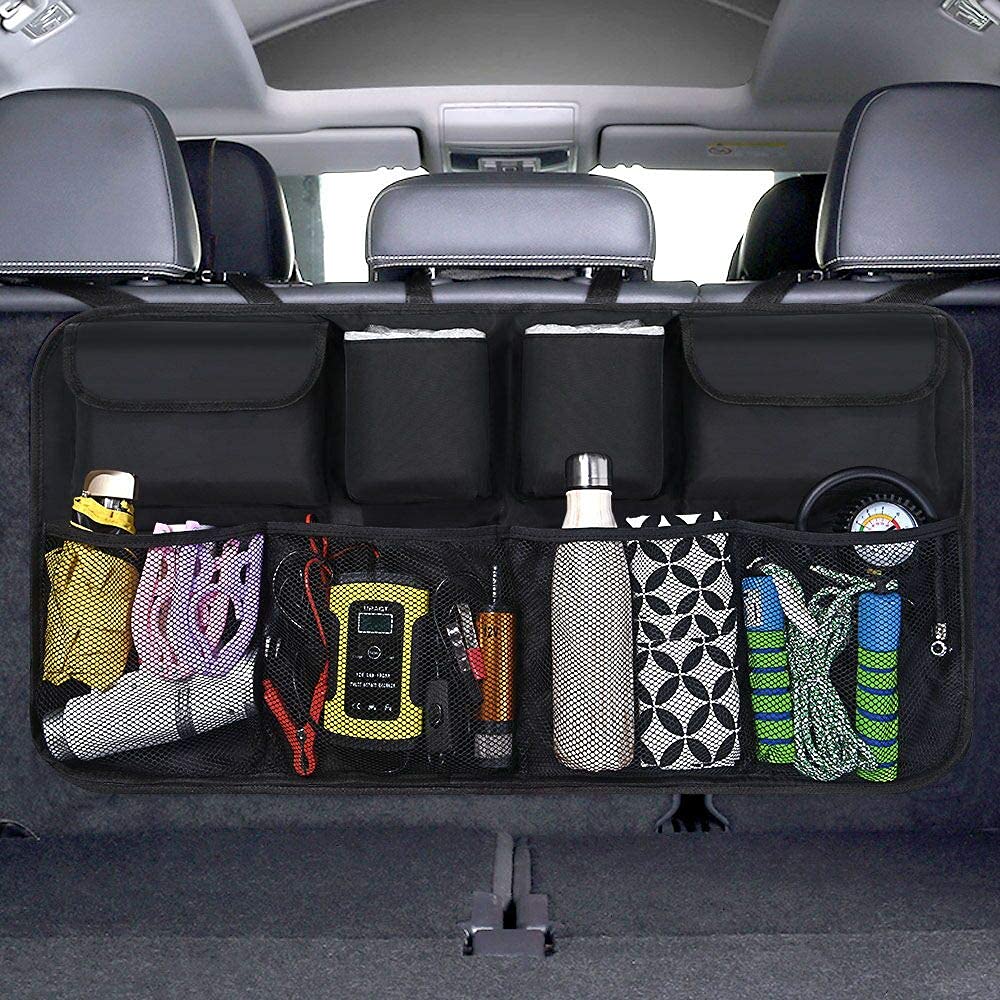 URAQT Car Boot Organiser Waterproof Kick Mats Car Organiser Seat Back Protectors, Multi-Pocket Children's Travel Storage, Durable Foldable Cargo Net Storage for Car Backseat Cover Black 87x45cm