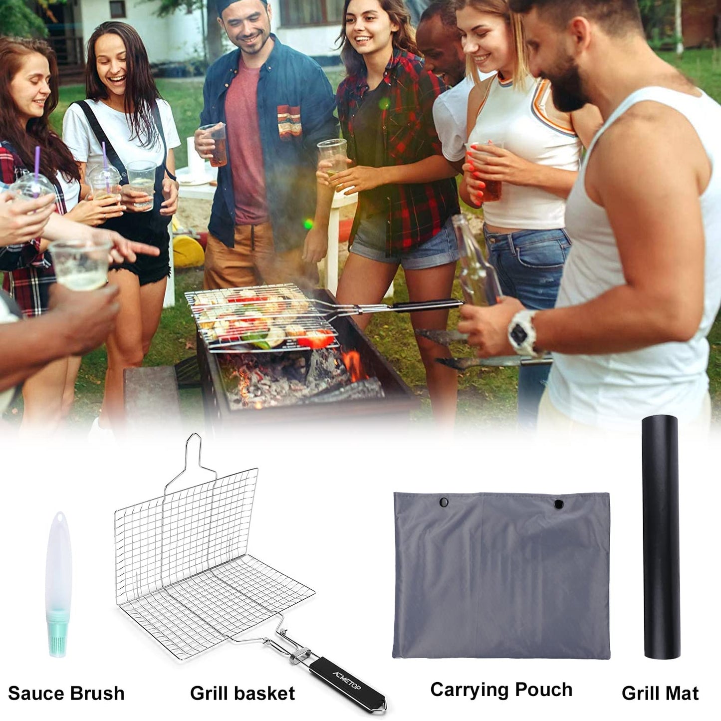 ACMETOP Portable BBQ Grill Basket, Stainless Steel Fish Grill Basket with Removable Handle, Perfect for Grilling Vegetables, Fishes, Shrimp - Bonus a Grill Mat, Sauce Bottle Brush and Carrying Pouch