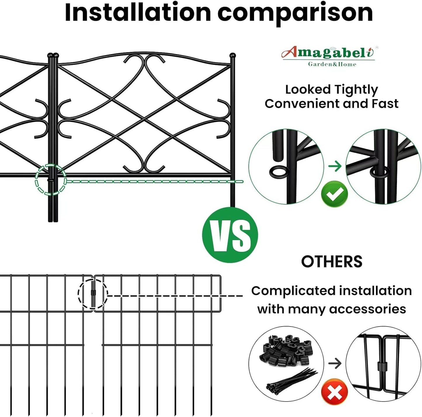 Amagabeli Garden Home Decorative Metal Garden Fence Panels 60CM(H) X3M(L) Outdoor Rustproof Metal Garden Fencing Panels Border Landscape Wire Folding Patio Fences Flower Animal Dogs Garden Edging