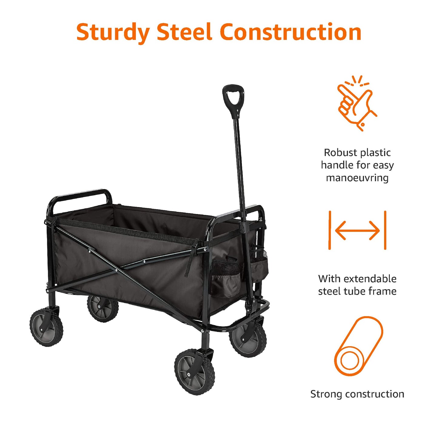 Amazon Basics Collapsible, Height Adjustable & Foldable Outdoor Garden Utility Wagon / Trolley with Cover Bag, Black