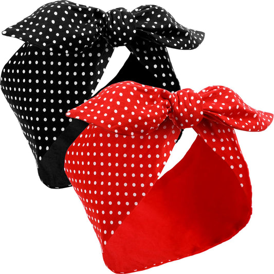 2 Pieces Head Scarf for Women Retro 1940s Head Scarf Bandana Headband Red Black Boho Bow Headbands Vintage Rabbit Ear Hairband Girls Hair Accessories (Lovely Dot) Polka Dot Design