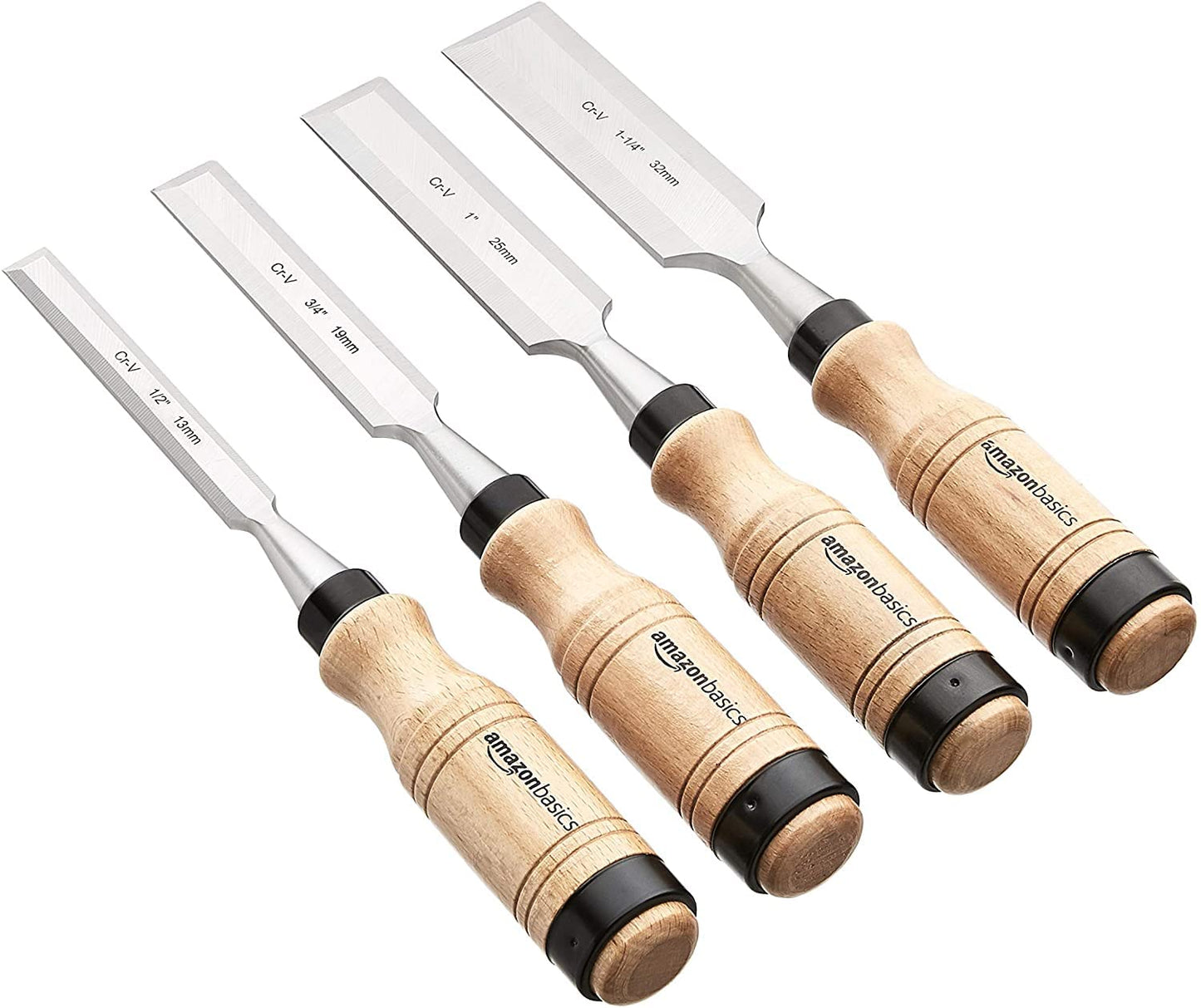 Amazon Basics 4-Piece Sturdy Chrome Vanadium Steel Woodworking Wood Chisel Set – 1/2 Inch (13mm) to 1-1/4 Inch (32mm), Wooden Handles with Carry Pouch 1/2" - 1.25"