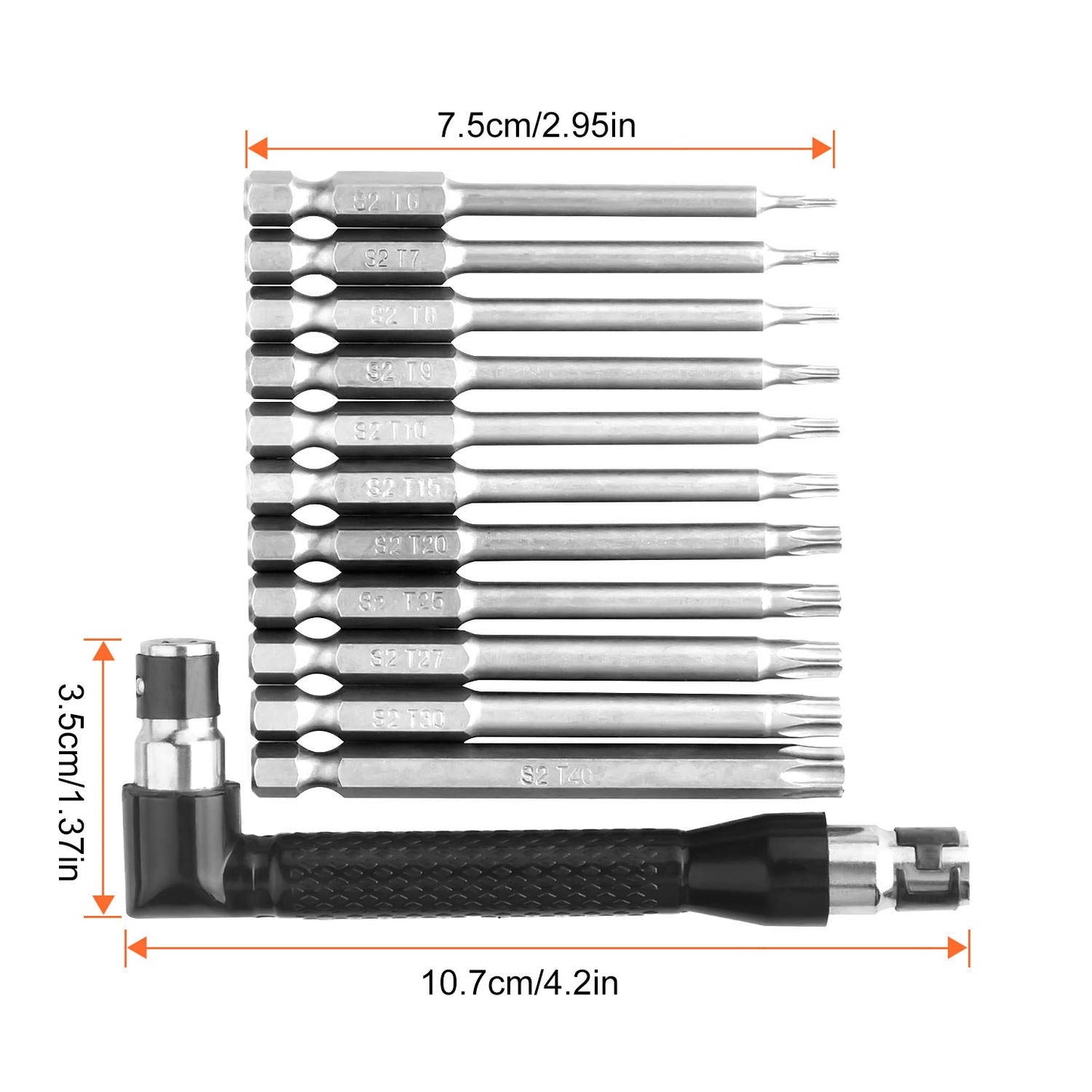 ASelected 11 Pieces 75mm T6-T40 S2 Steel Star Head Security Torx Screwdriver Sets + Angle Screwdriver Bit Holder, Star Screwdriver Bits Torx Security Bit Set with T10 T15 T25 T20 T25 T30 ect.