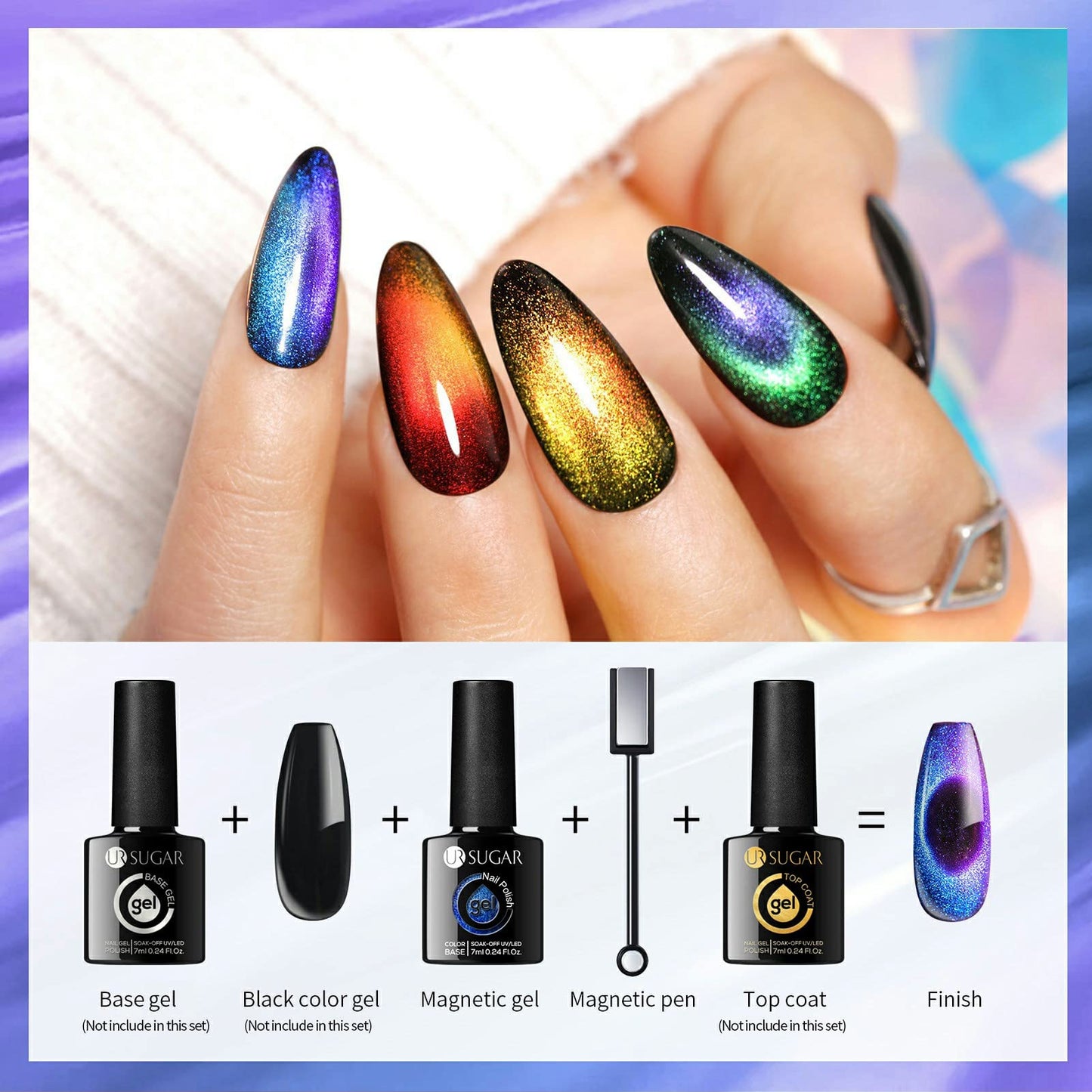 UR SUGAR Cat Magnetic Eye Gel Nail Polish 9D Cat Mag net Eye Gel Polish Set with Magnet, 6 Colors Glitter Chameleon Magnetic Gel Nail Varnish Soak Off U V Gel Nail Polish,Halloween,Black Gel Polish 1.17 ml (Pack of 6)