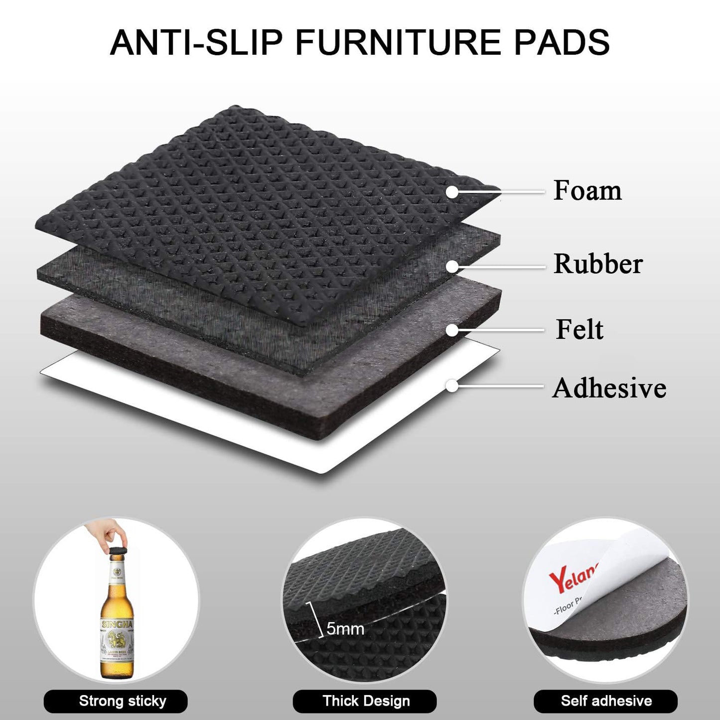 Yelanon Non Slip Furniture Pads -24 pcs 63mm Furniture Grippers, Non Skid for Furniture Legs,Self Adhesive Rubber Furniture Feet,Anti Slide Furniture Hardwood Floor Protector for Keep Couch Stoppers 12Pcs 2.5"Square 12Pcs 2.5"Round SBR