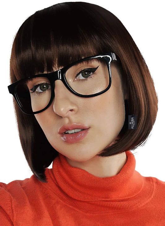 ALLAURA - Brown Bob Wig Velma Wig and Glasses - Sexy Velma Costume Adult Women Velma Cosplay Flapper Wig With Bangs Dora Wig Brown Bob + Black Glasses Velma Costume Set