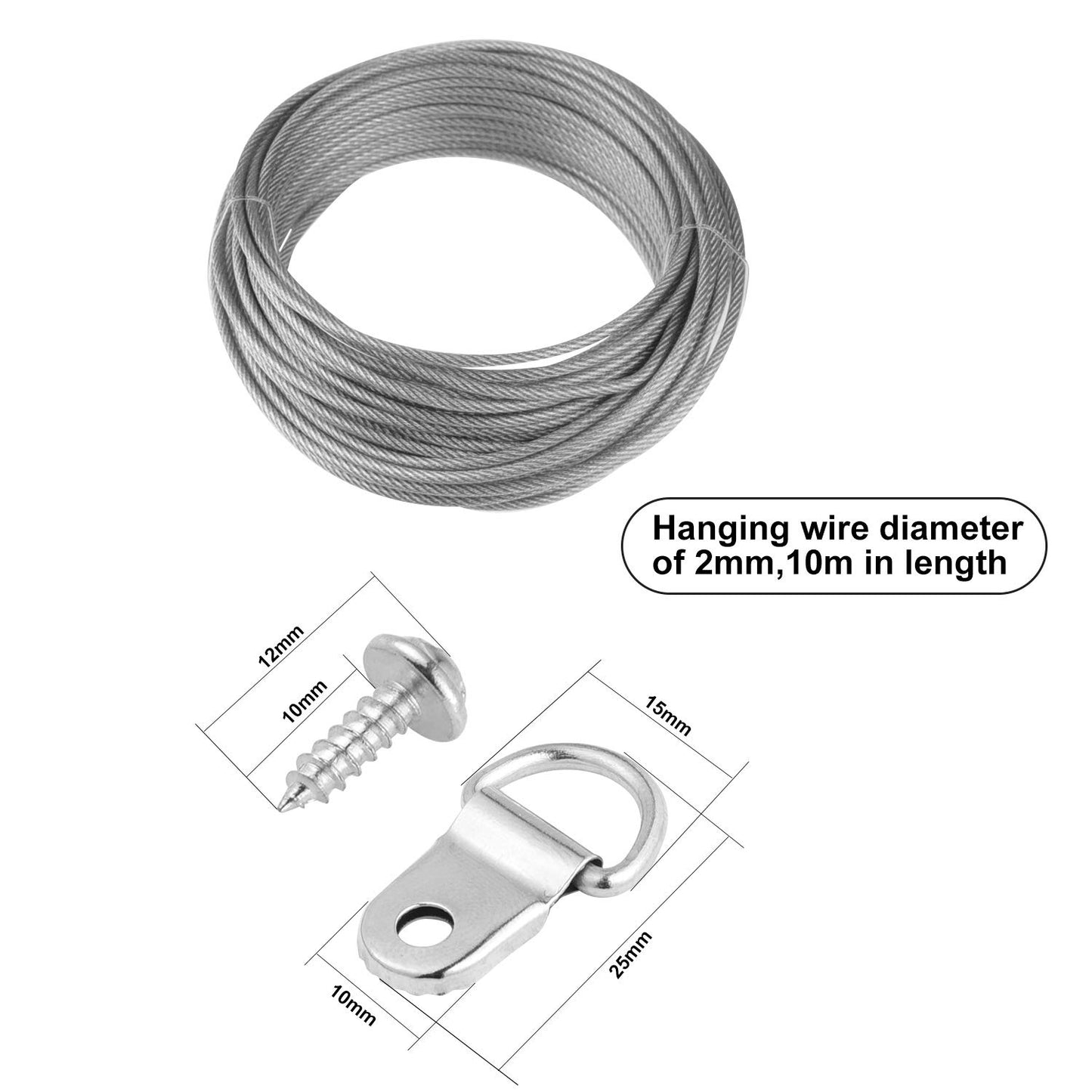 TUPARKA 2mm x 10m Stainless Steel Picture Hanging Wire Picture Cord for Mirror Picture Hanging Fixings with 10 Crimp Tube 15 D-Ring Picture Frame Hanging Hooks and Screws (Up to 30 KG)