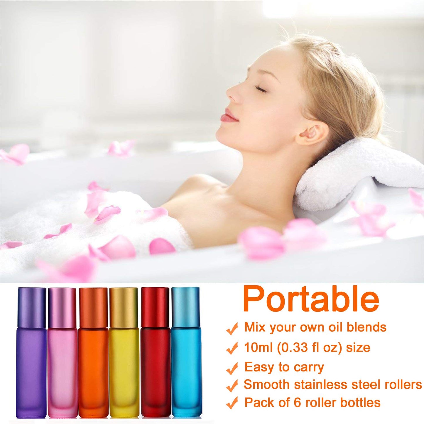 Alledomain 6Pcs, 10ml Essential Oils Roller Bottles, Refillable Empty Colorful Frosted Glass Roll on Bottles with Stainless Steel Ball, Include 1 Dropper & Opener, Perfect for Aromatherapy