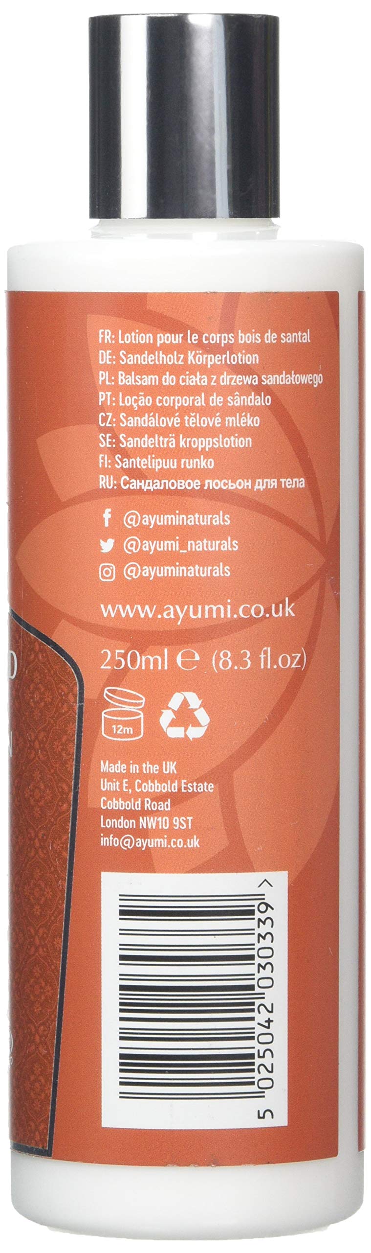 Ayumi Sandalwood & Ylang Ylang Body Lotion. Formulated to hydrate and soften the skin, the blend of essentail oils is soothing and sensuous to the senses. Spa feeling,1 x 250ml