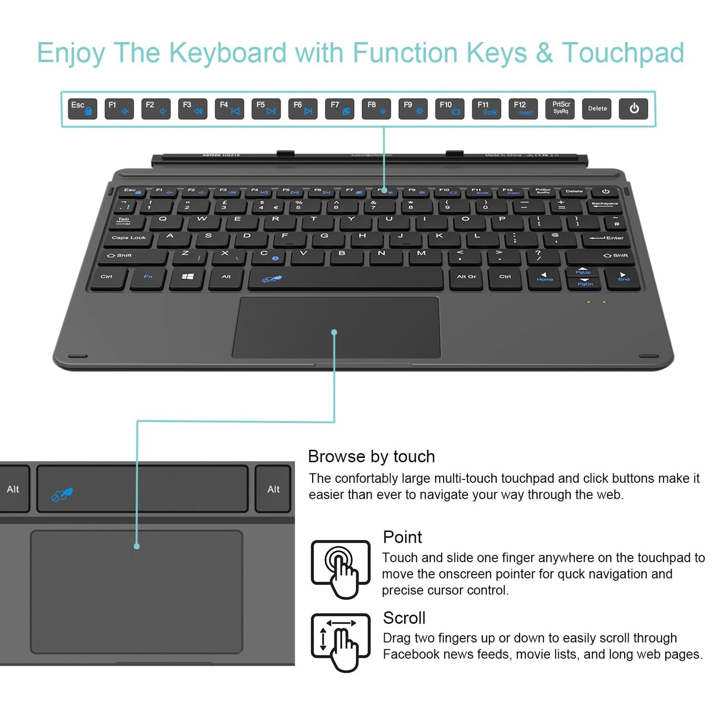 Arteck Microsoft Surface Go Type Cover, Ultra-Slim Portable Bluetooth Wireless Keyboard with Touchpad for Latest Surface Go 4, 3 (2021), 2 (2020) and Built-in Rechargeable Battery