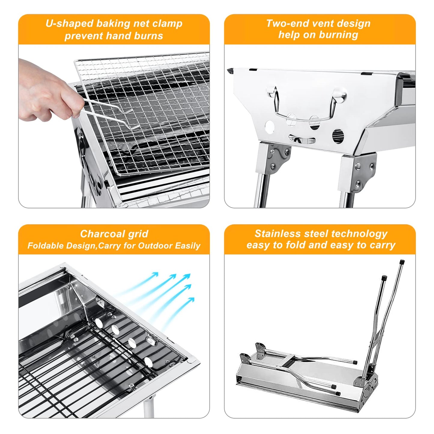 Uten Barbecue Grill, Stainless Steel BBQ, Large Folding Portable BBQ Grill, Charcoal Grill for Outdoor Cooking Camping Hiking Picnics Foldable