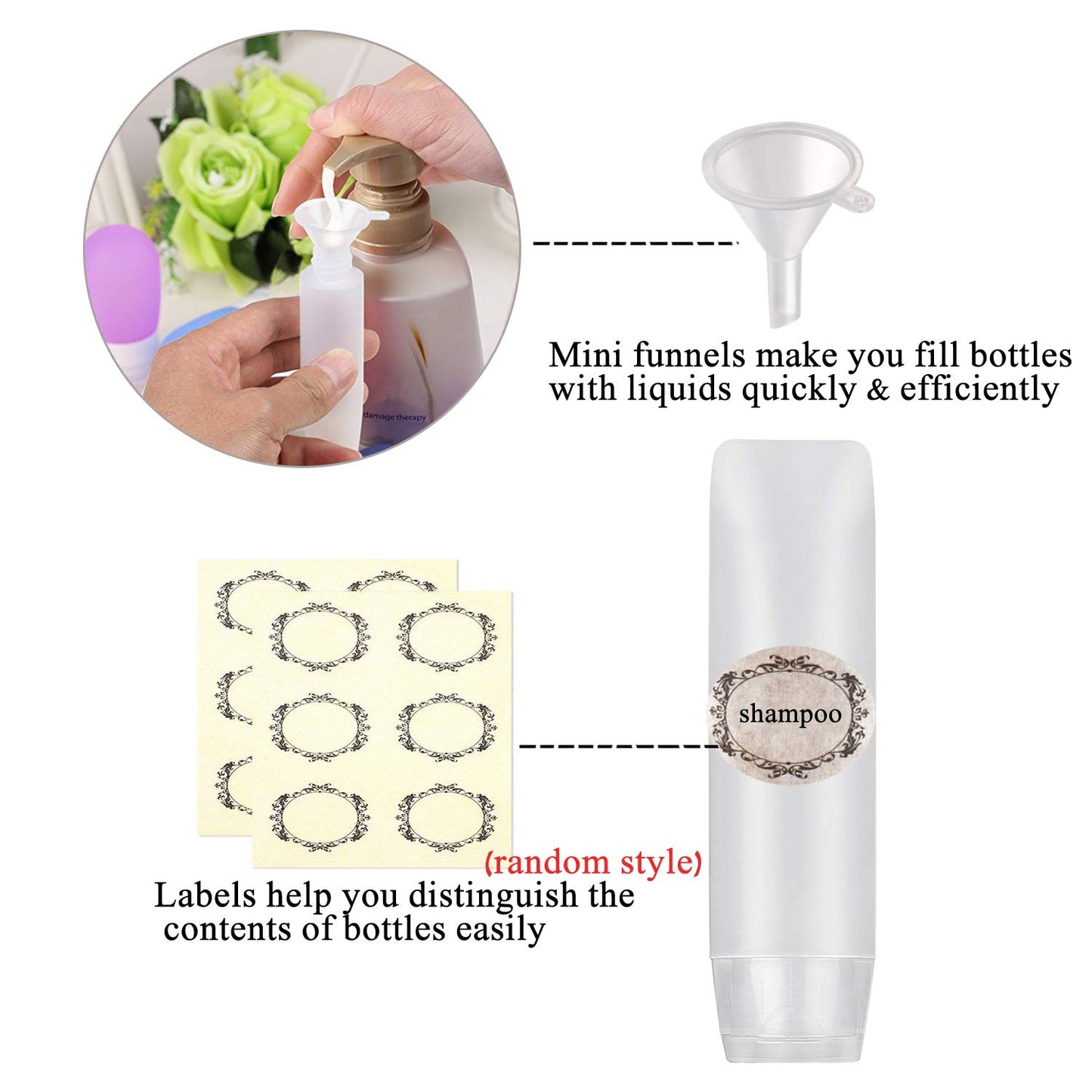 Yalbdopo 6Pcs 50ml Clear Plastic Travel Bottles Empty Transparent Refillable Cosmetic Containers with Flip Caps for Shampoo, Conditioner, Lotion, Toiletries - Includes Funnels & Labels