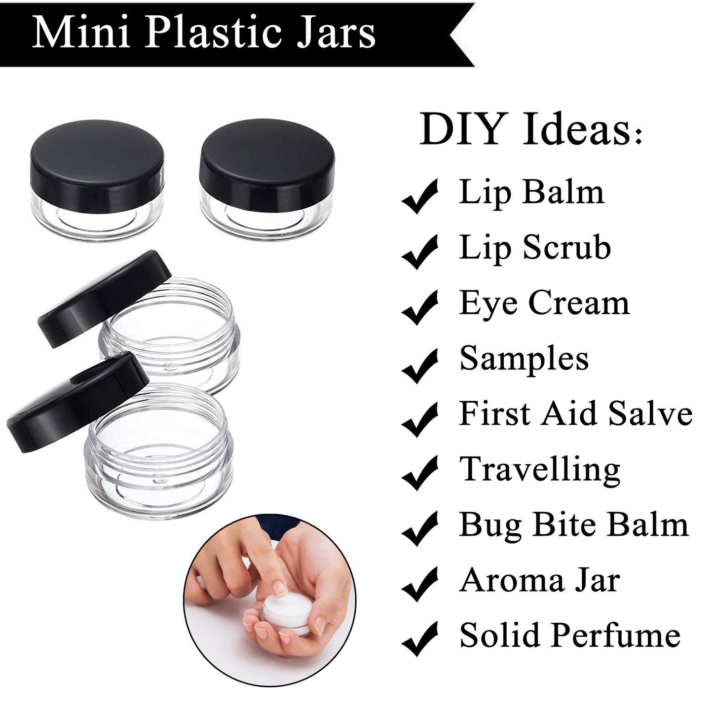 20 Pcs Empty Cosmetics Container Pots Travel Plastic Jars with Black Screw Lids for Cream, Sample, Powder, Makeup Storage (5, 10, 15, 20 Gram), Includes 3 Pack Mini Spatula by Yalbdopo