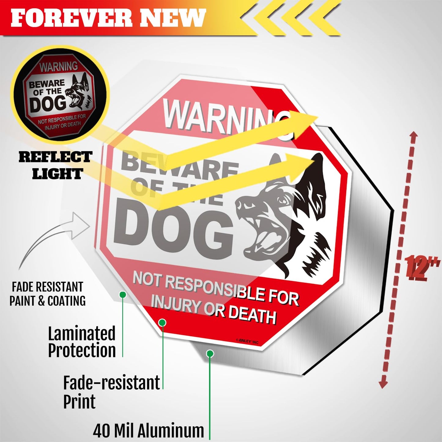 Anley Beware of The Dog Aluminum Warning Sign, No Responsible For Injury Or Death Warning Dog Sign - UV Protected and Weatherproof - 12" x 12" Beware Of The Dog Warning Sign