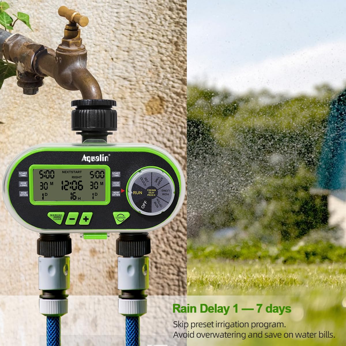 Aqualin Two Outlet Water Hose Timer Garden Watering Computer Electronic Irrigation Controller, Green