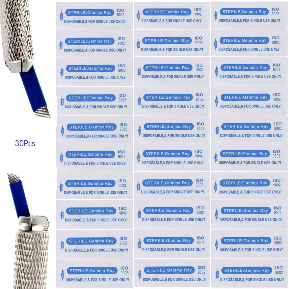 30Pcs Disposable Eyebrow Microblading Needles,Lip Tattooing Microblades Permanent Makeup Blades for Single Use Only (18needle) blue