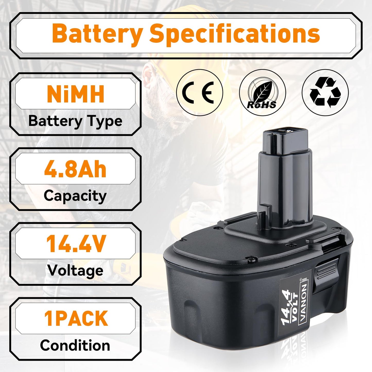 VANON 14.4V 4800mAh NIMH DC9091 Replacement for Dewalt Battery DE9091 DE9094 DW9091 DW9092 DW9094 DW9038 DE9031 DE9502 DE9038 DE9087 DE9092 DE9140 Compatible with Dewalt Battery 14.4V Tools