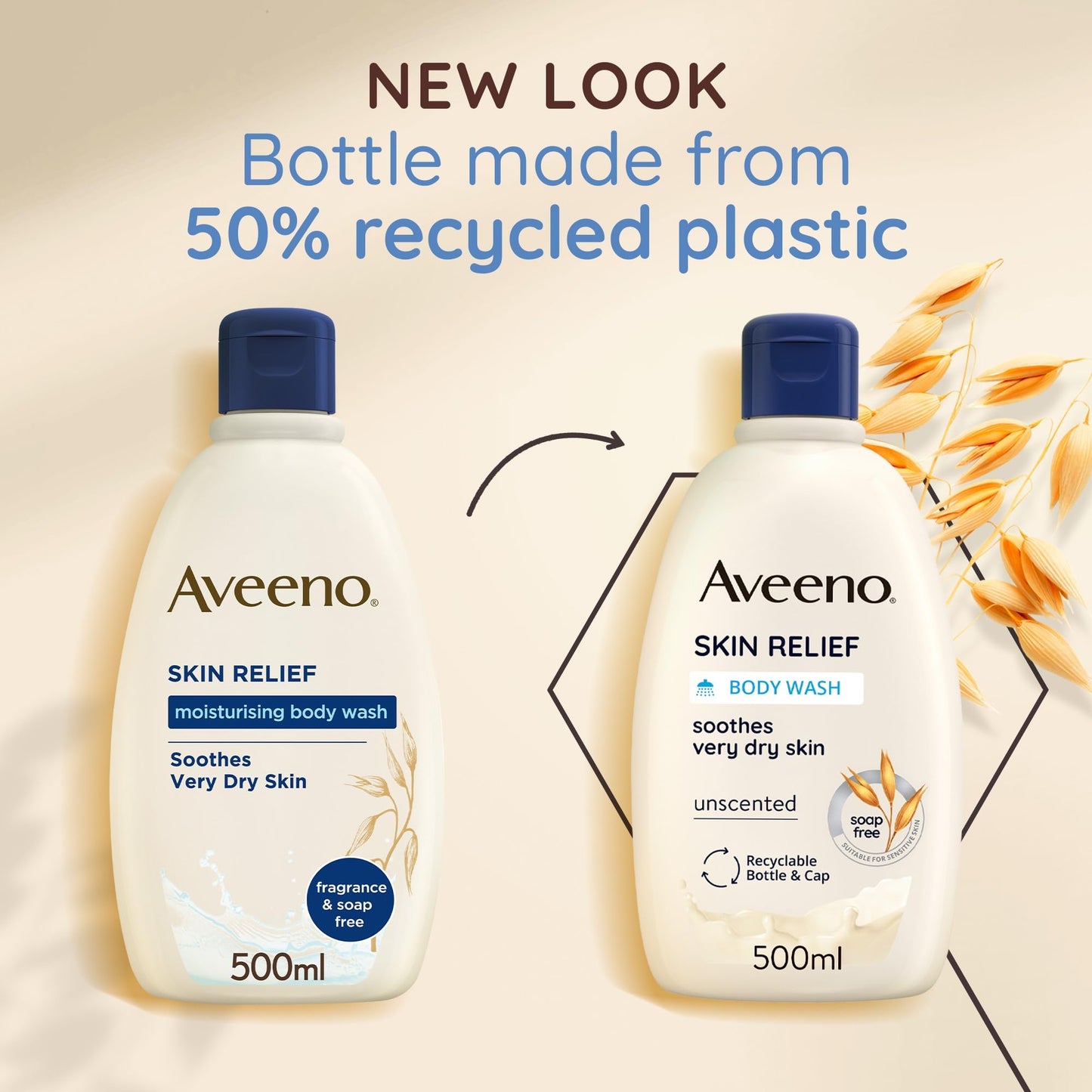 Aveeno Skin Relief Moisturising Body Wash (1x 500ml), Gentle Cleansing Wash with Soothing Triple Oat Complex, Soap-Free, Unscented for Sensitive and Very Dry Skin 500 ml (Pack of 1)