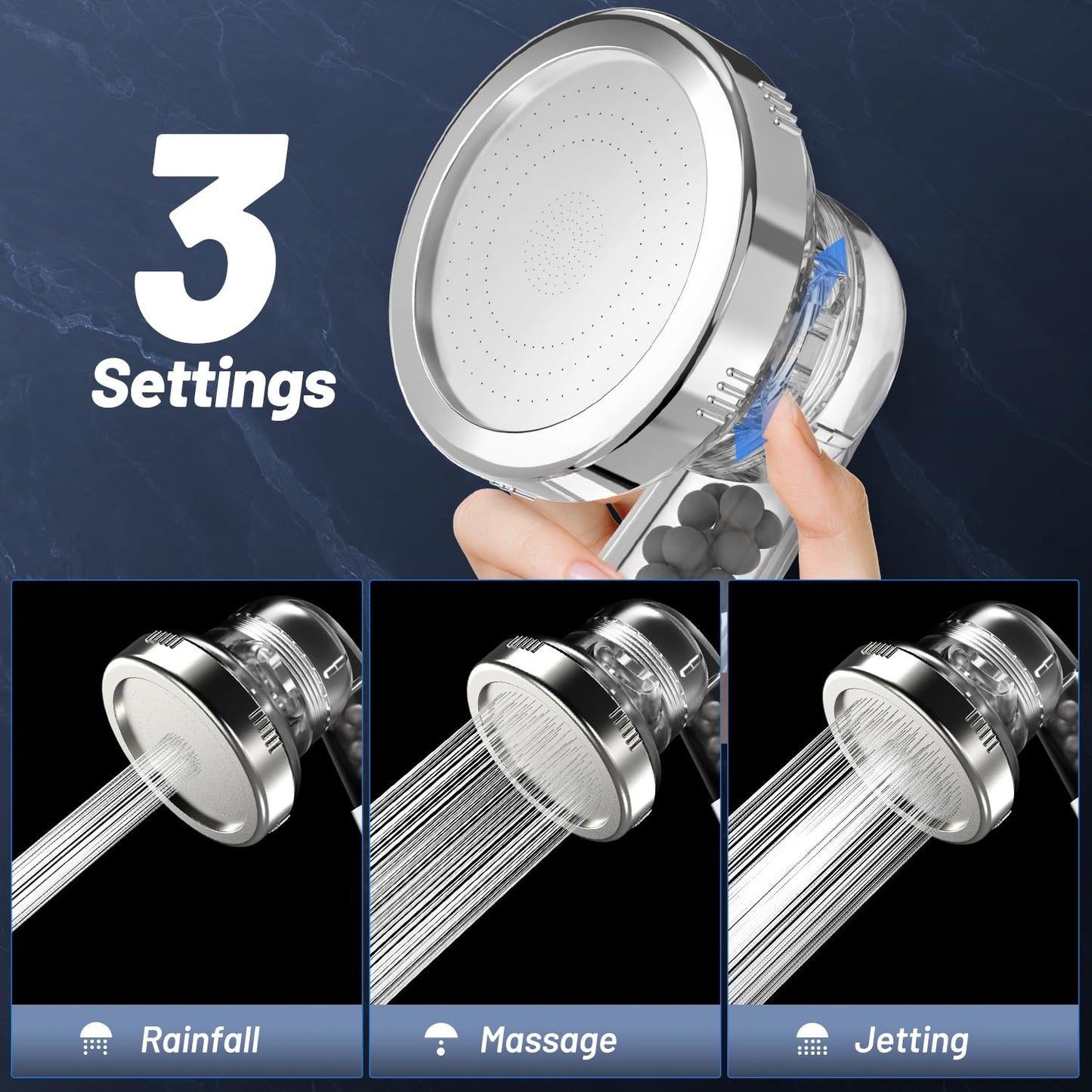 VEHHE Shower Head Powerful Flow with Beads Filter Pressure Boosting Shower Head Spray with 3 Modes Water Saving Bathing for Adults Children Pets Home and Gym Use (White) clear shower head