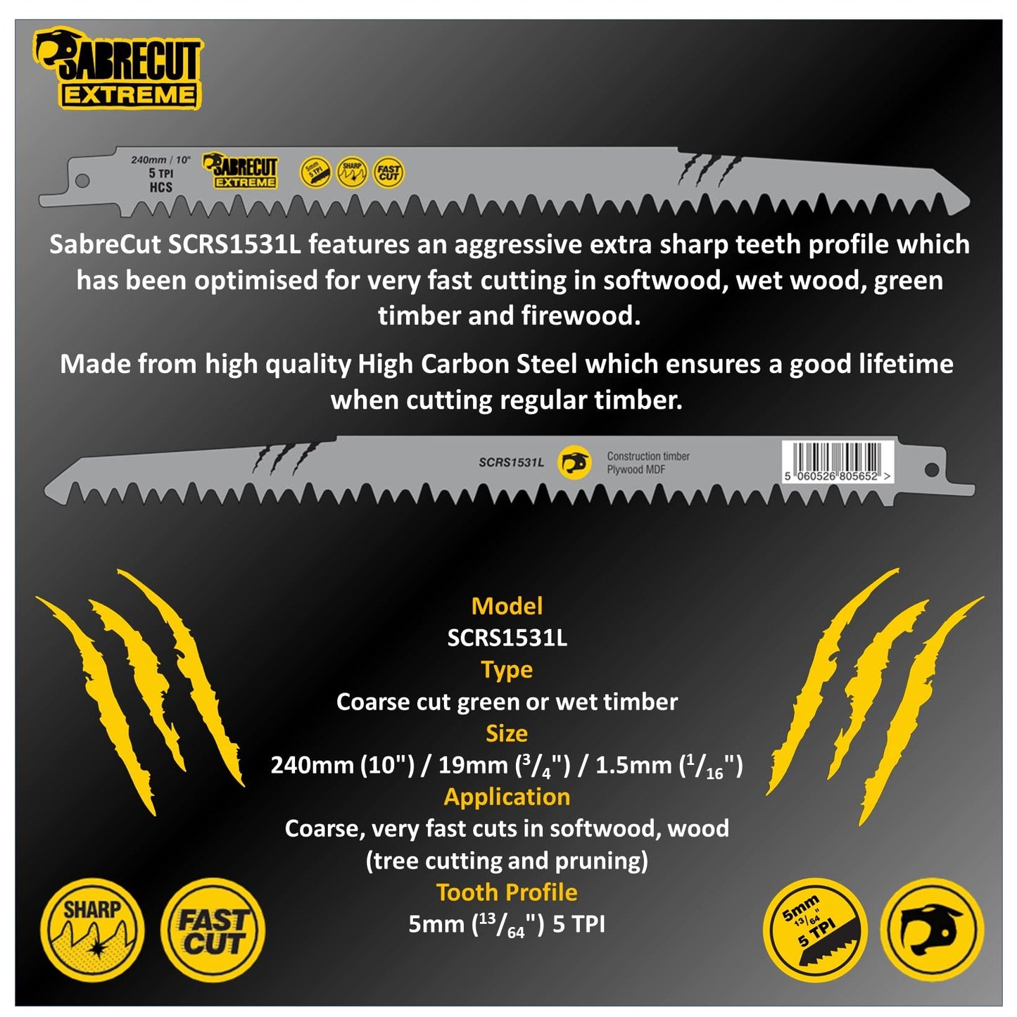 10 x SabreCut SCRS1531L_10 240mm 5 TPI S1531L Very Fast Wood Cutting Reciprocating Sabre Saw Blades