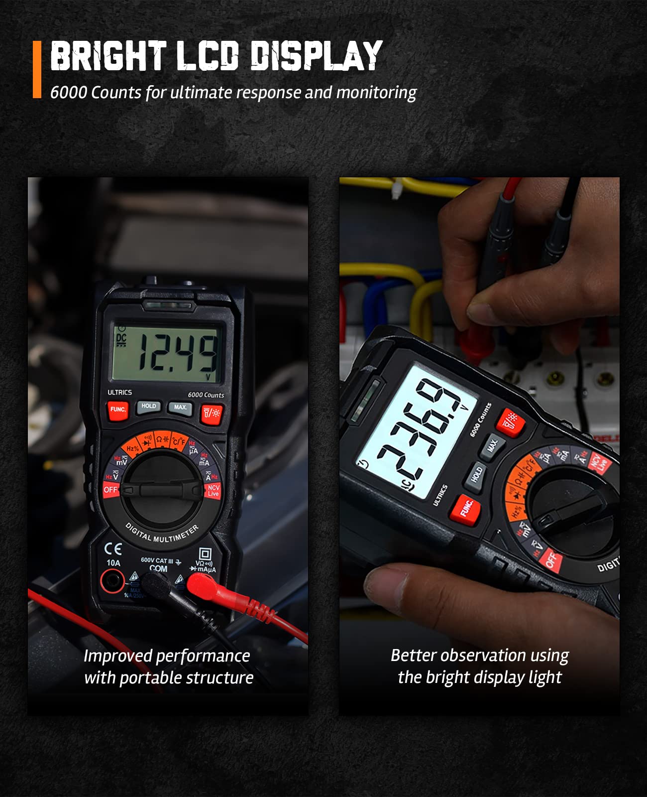 ULTRICS Digital Multimeter, Auto Ranging Multi Tester Voltmeter Ammeter Ohmmeter TRMS 6000 Counts, Test Meter with Leads, Backlit LCD Measures OHM AC/DC Voltage Current Resistance Continuity Diode