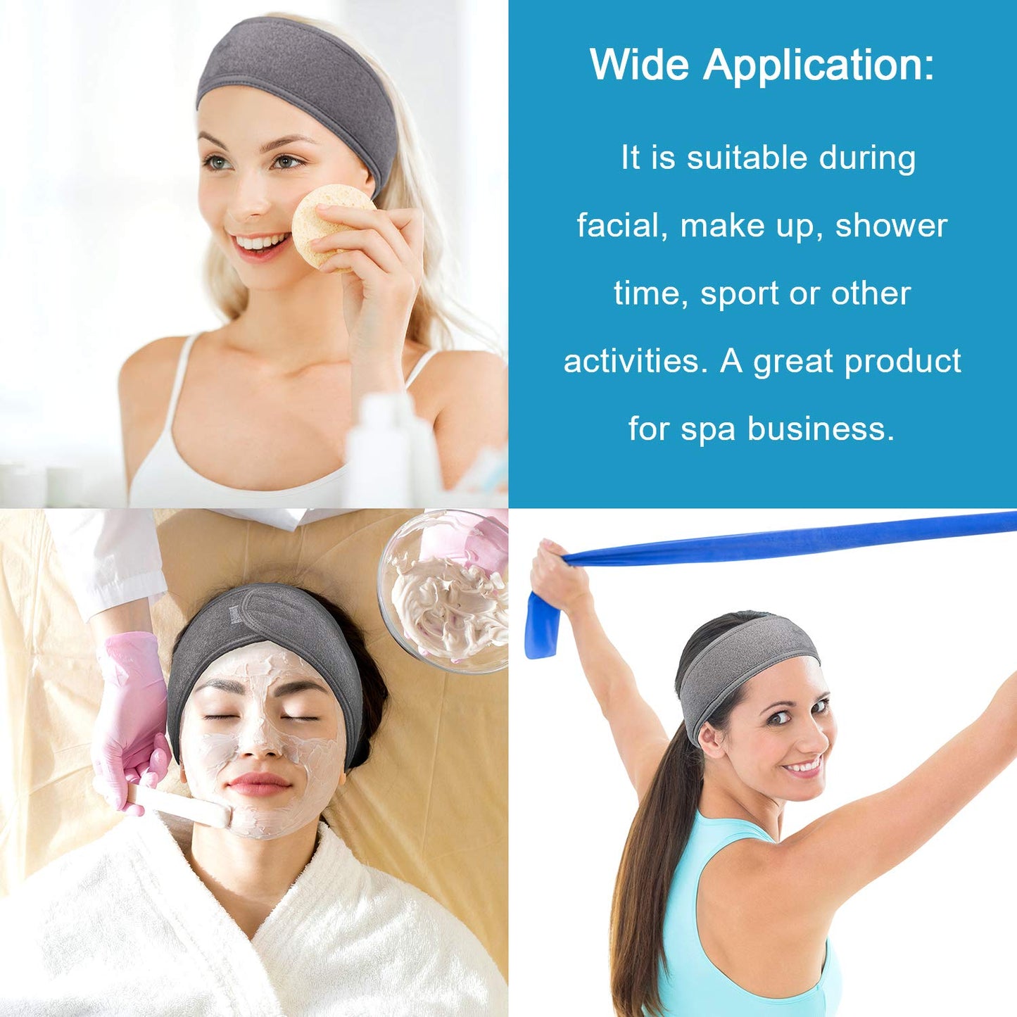 Whaline 4 Counts Spa Facial Headband Head Wrap Terry Cloth Headband Stretch Towel for Bath, Makeup and Sport (Gray) Gray