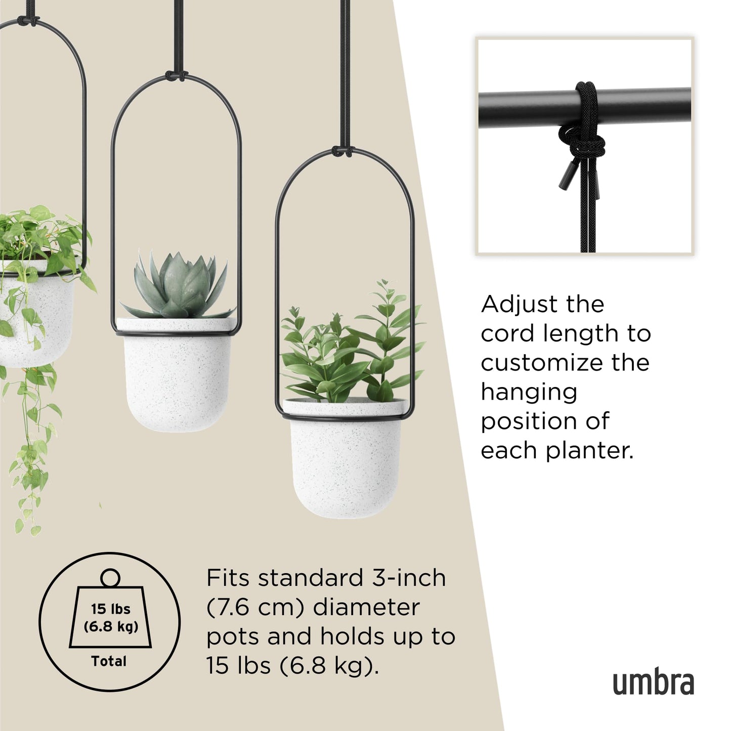 Umbra Triflora Hanging Planter for Window, Indoor Herb Garden, White/Black, Triple, 3 Pots