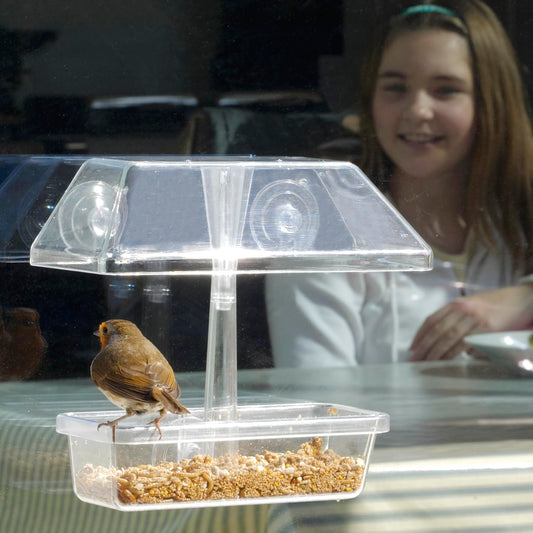 Window Bird Feeder With Strong Suction Cups - Jacobi Jayne® UpClose™ Window Bird Seed Feeder For Small Birds. With Protective Roof To Shield Birds From Rain And Drainage Holes To Prevent Waterlogging single